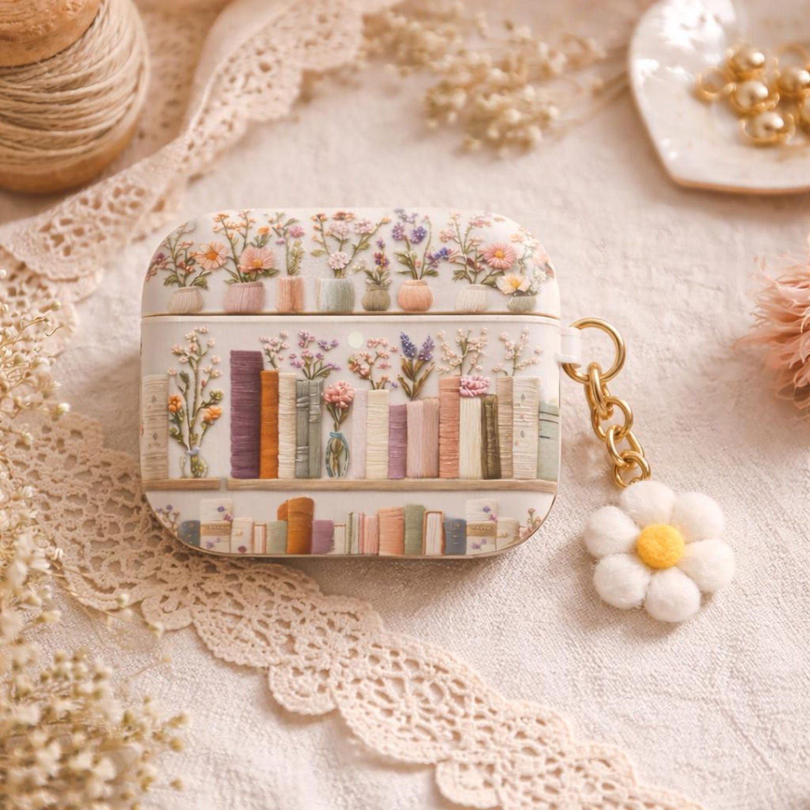 Floral Bookshelf AirPods Case, Cute Book Lover AirPods Gen 1 2 3 4 Pro Cover, Vi