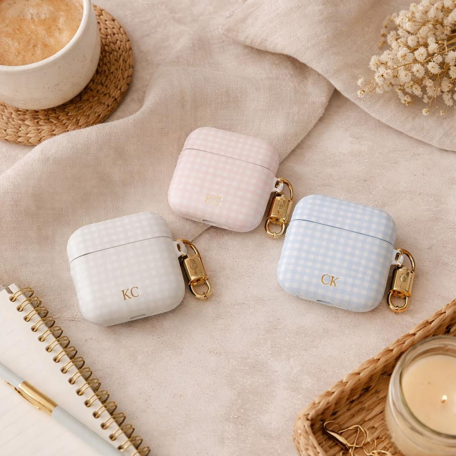 Personalized Gingham Gold Airpod Case Custom Initials Monogram Case Gift for Her