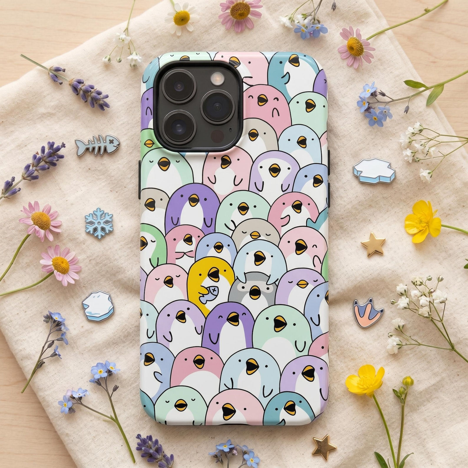 Cute Penguin Phone Case, Colorful Pastel Penguin Pattern iPhone Samsung Case, Ka