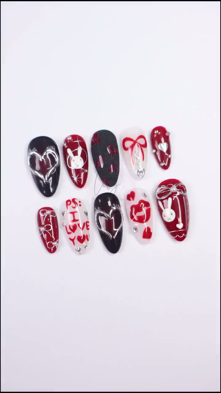 Thumbnail: Valentine's Press-On Nail - Red, Black and White with Heart, Bunny & 3D Silver