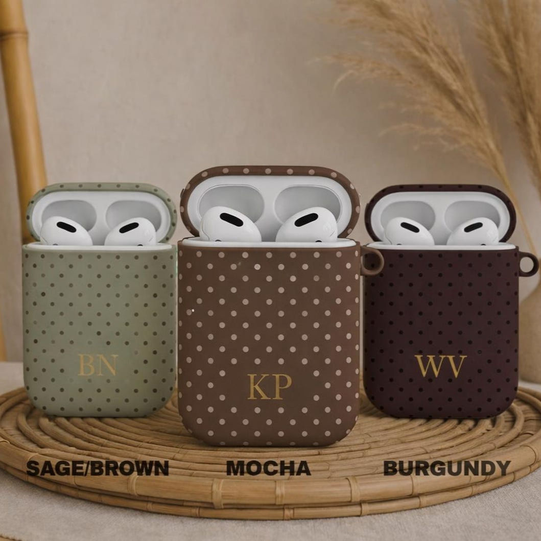 Personalized Polka Dot Airpods Case, Soft Gold Custom Initials, Retro Case Cover
