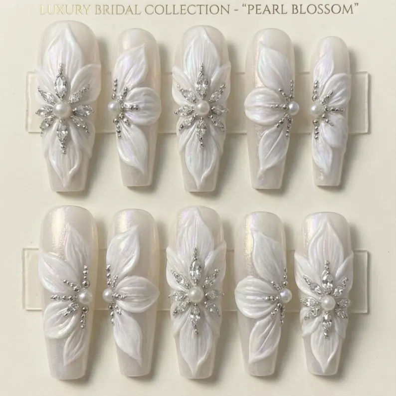 Luxury Bridal Coffin Press On Nails | 3D Pearl Blossom Wedding Nail Art