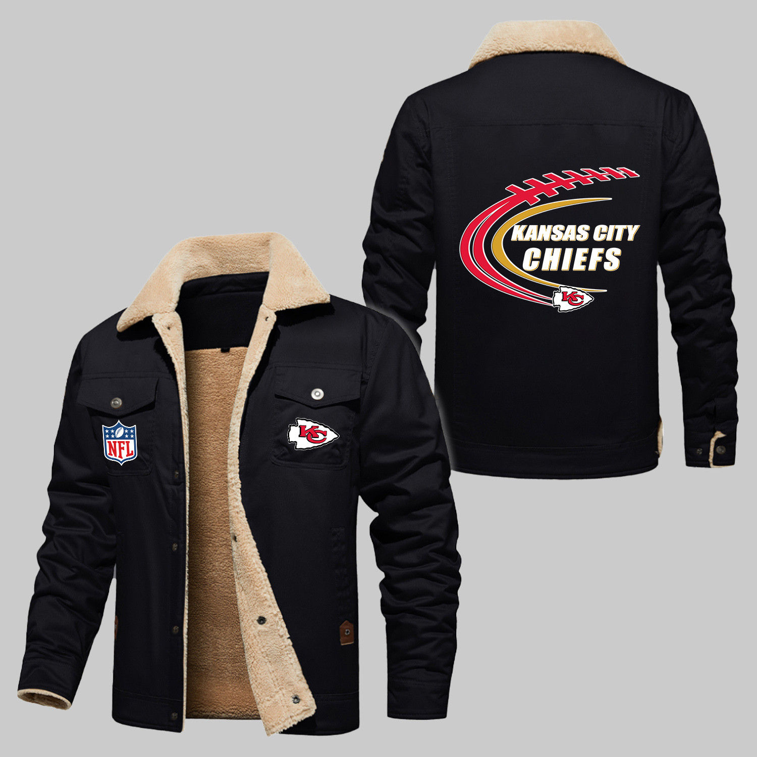 Kansas City Chiefs NFL Team Logo Football Pattern 2D Stand Collar Jacket