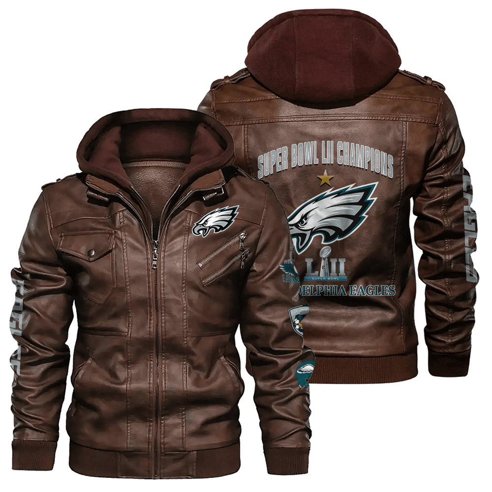 Philadelphia Eagles NFL Super Bowl LII Champions Zip Brown Leather Jacket With H