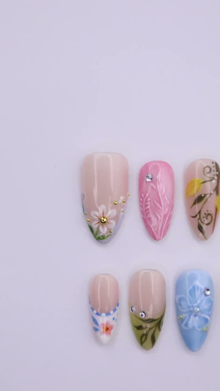 Thumbnail: Colorful Floral Press On Nails with Leaf Art & French Tips