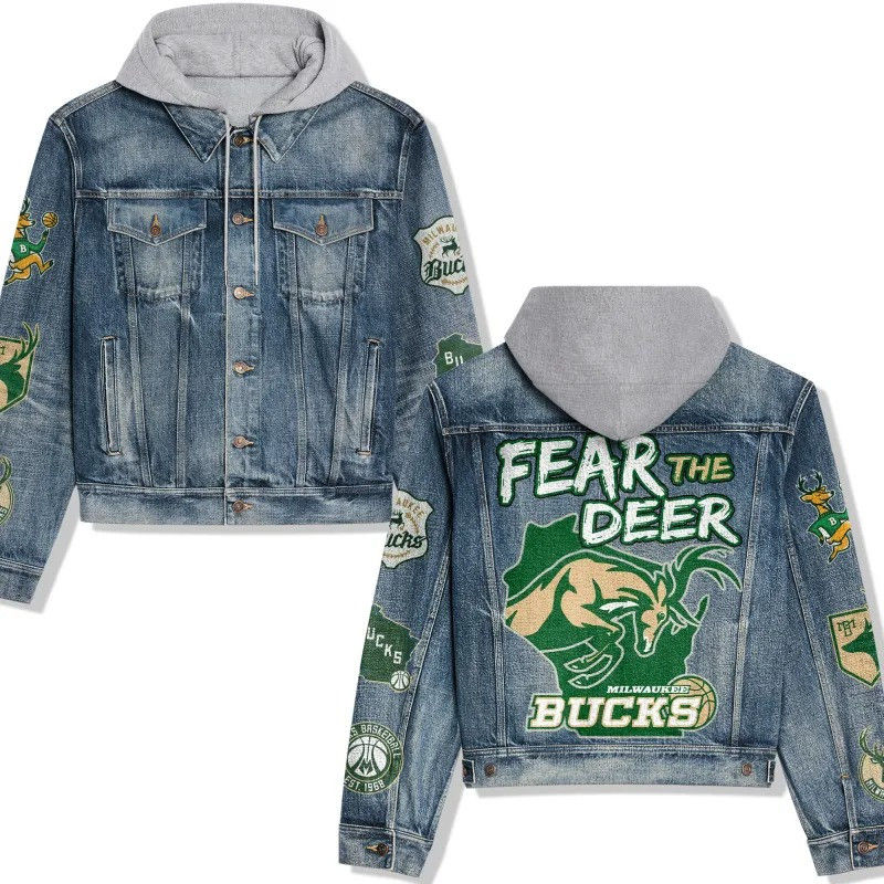 Milwaukee Bucks NCAA Team Logo& Motto v3 3D Hooded Denim Jacket