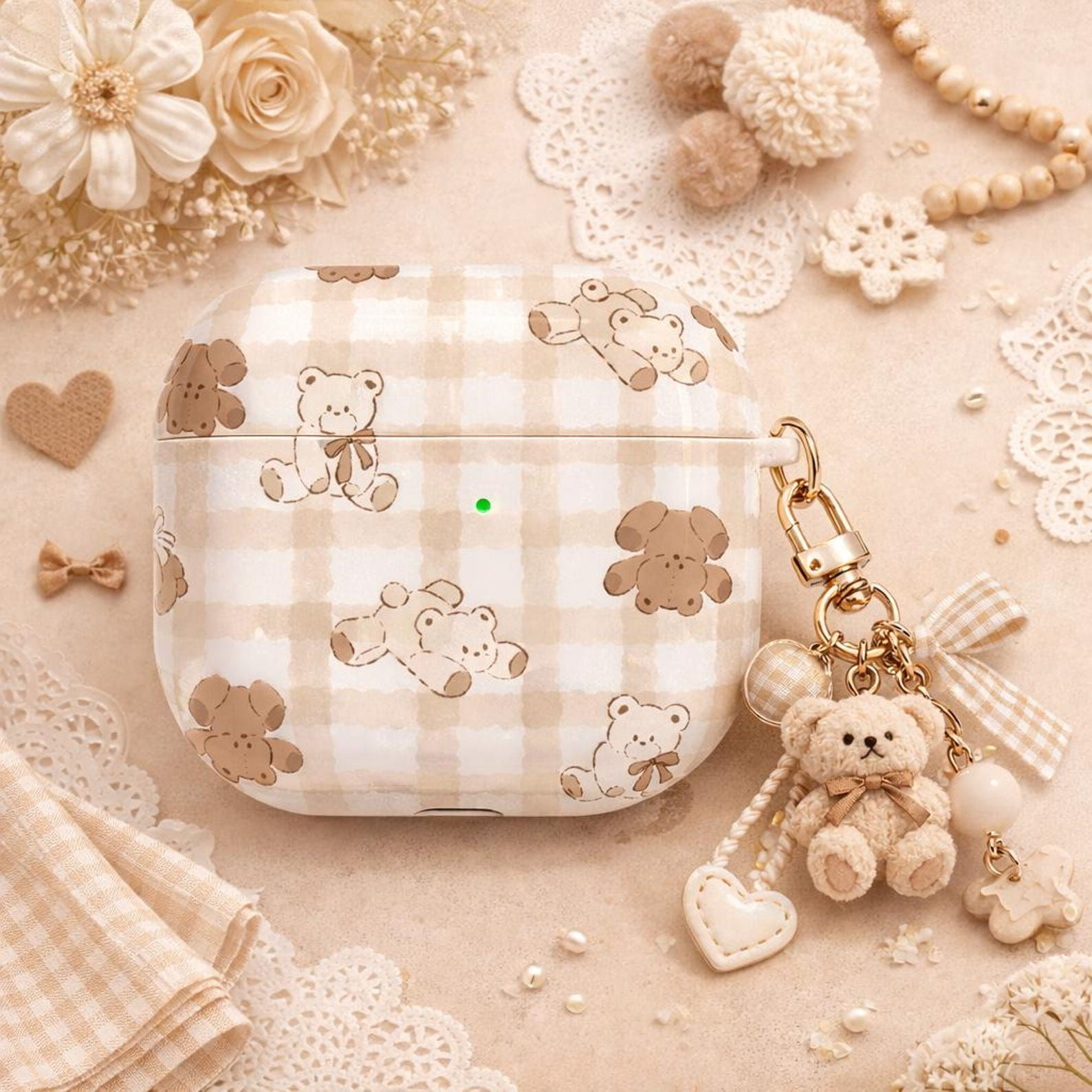 Cute Teddy Bear AirPods Case, Beige Gingham AirPods Cover, Kawaii Bear AirPods G