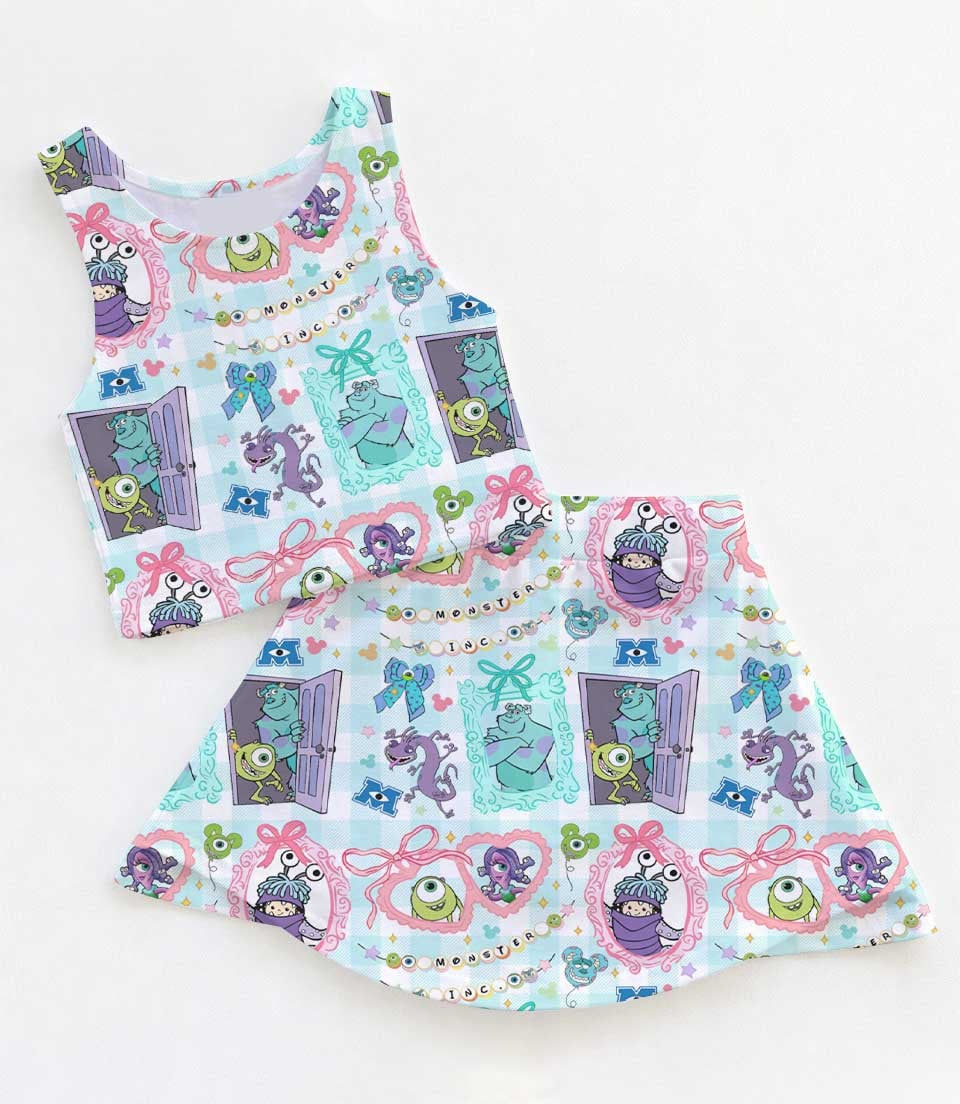Women’s Monsters Inc Watercolor Mike Sulley Boo Athletic and Bow, Skort Outfit