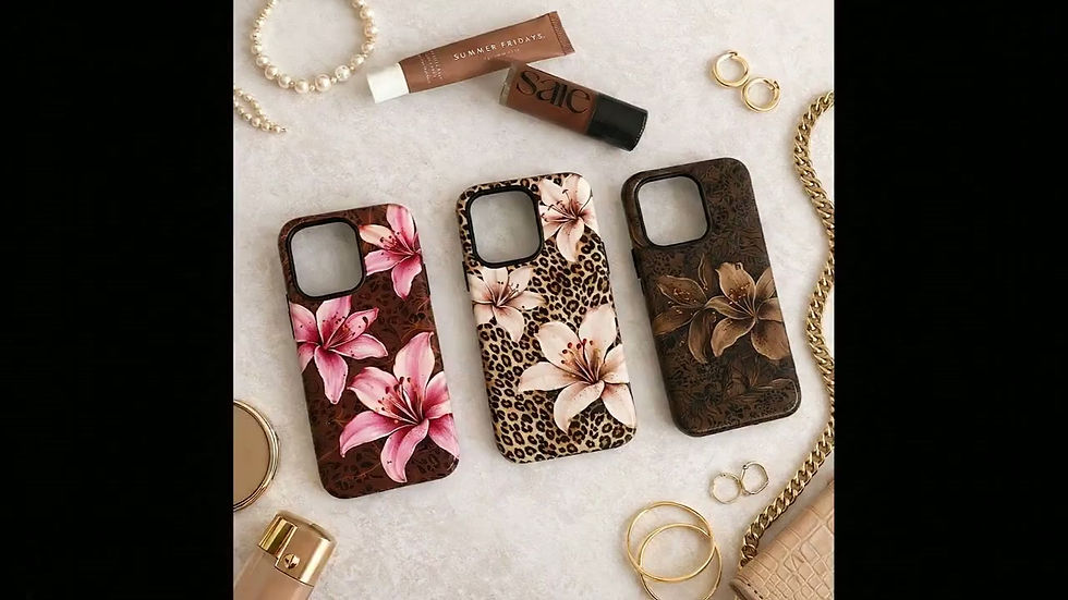 Thumbnail: Leopard Print Floral iPhone Case with Pink Lilies, Durable Shockproof Cover for