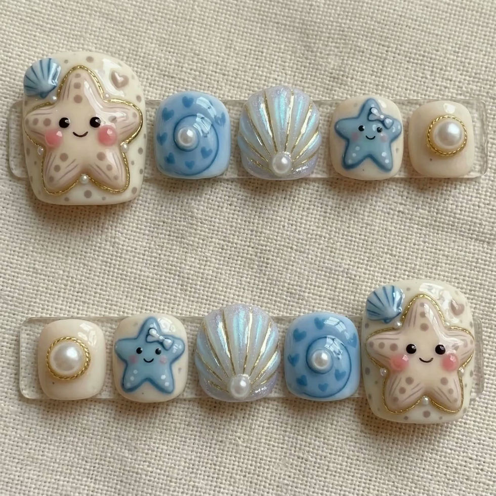 Thumbnail: KAWAII STARFISH & SHELLS: Hand-Painted 3D Press On Toes | Blue Cream Mermaid Ped