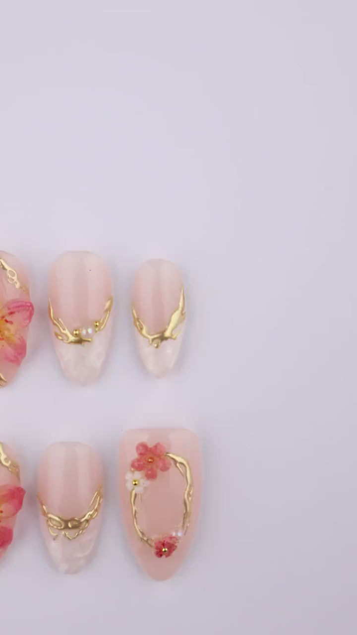 Thumbnail: Petal Glow Press On Nails with 3D Blossom & Gold Frame