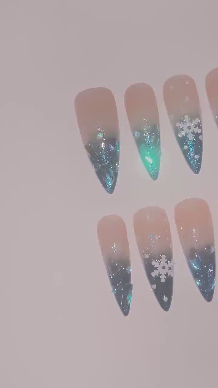 Thumbnail: Sparkling Long Almond Press-On Nails: Blue Gems & White Snow Design Perfect