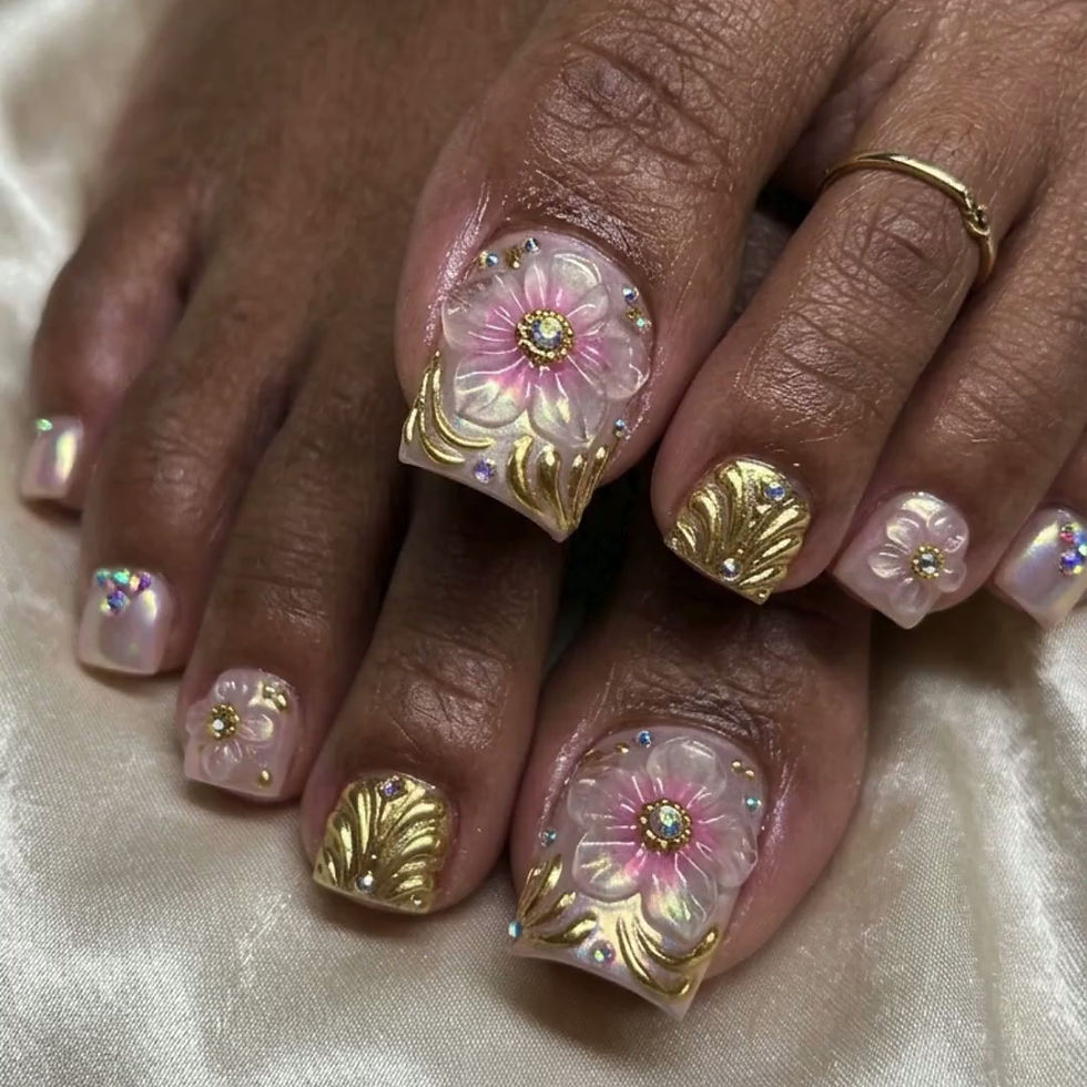 Thumbnail: 3D Flower Press On Toes, Gold Chrome Baroque Fake Nails, Iridescent Floral Pedic