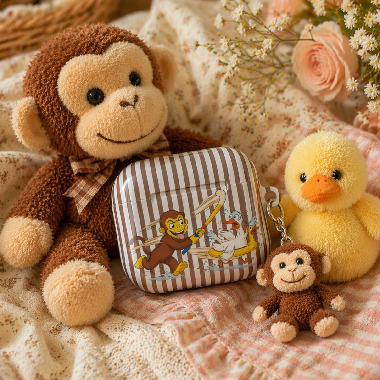 Curious Monkey AirPods Case, Funny Monkey Duck Cover, Retro Striped Earbud Shell