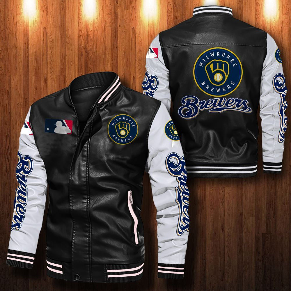 Leather Bomber Jacket 061 Milwaukee Brewers