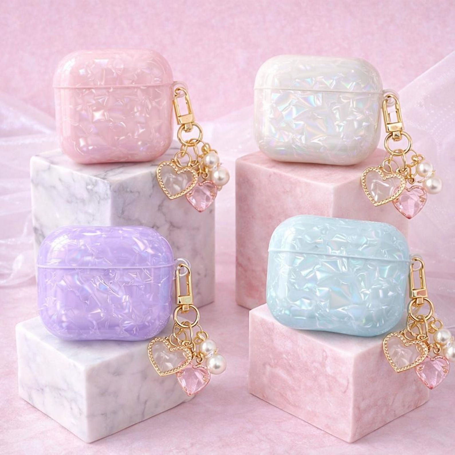 Pastel Iridescent AirPods Cases, Pink, White, Purple & Blue, Luxury Protective C