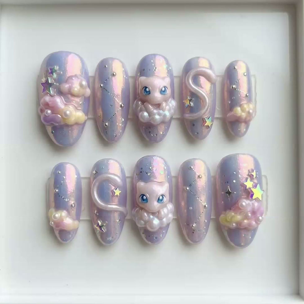 Thumbnail: Mew Pokemon Press On Nails, Kawaii 3D Cloud & Star False Nails, Dreamy Iridescen