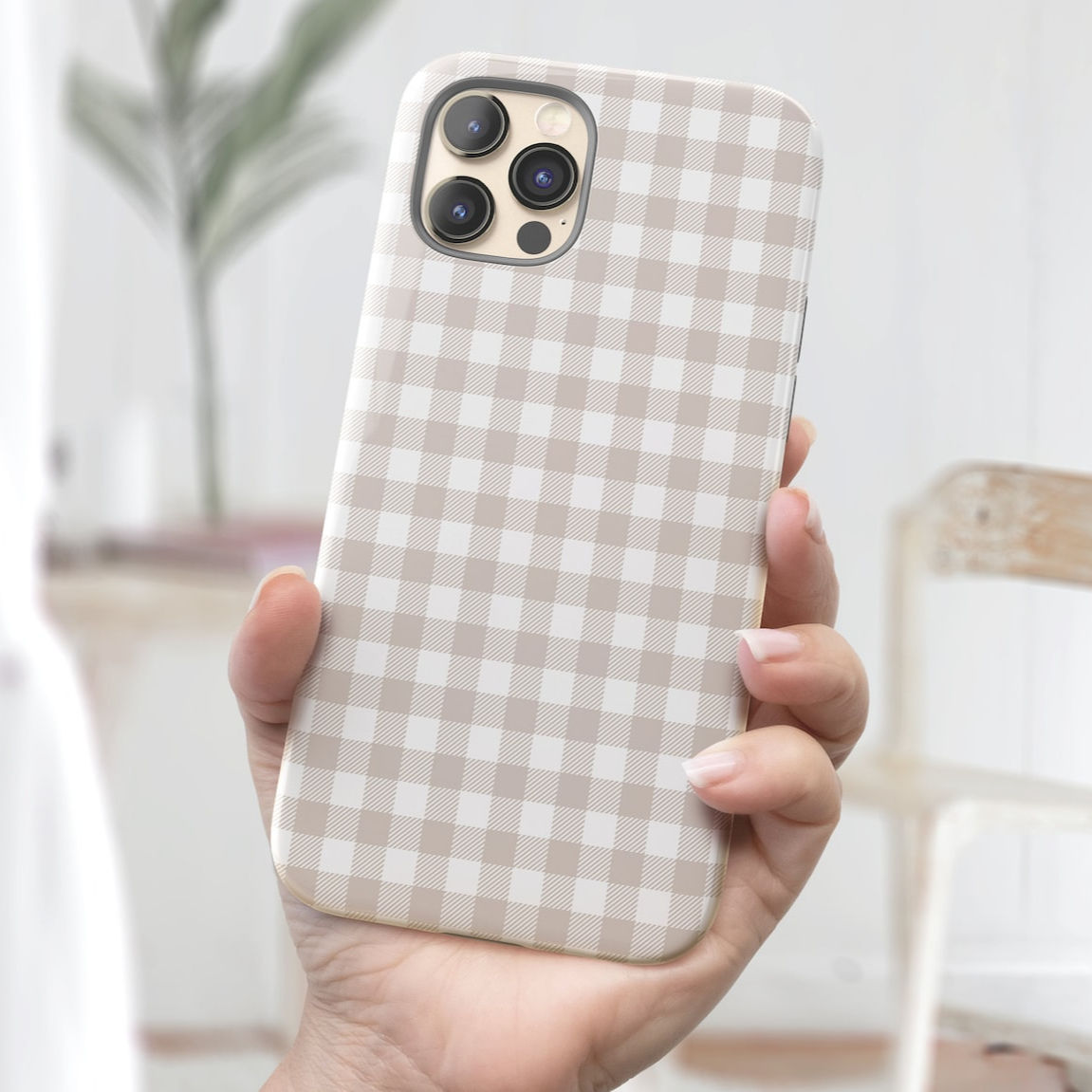Gingham iPhone Case for XS XR, Plaid iPhone 14 Pro Case Beige and White iPhone 1