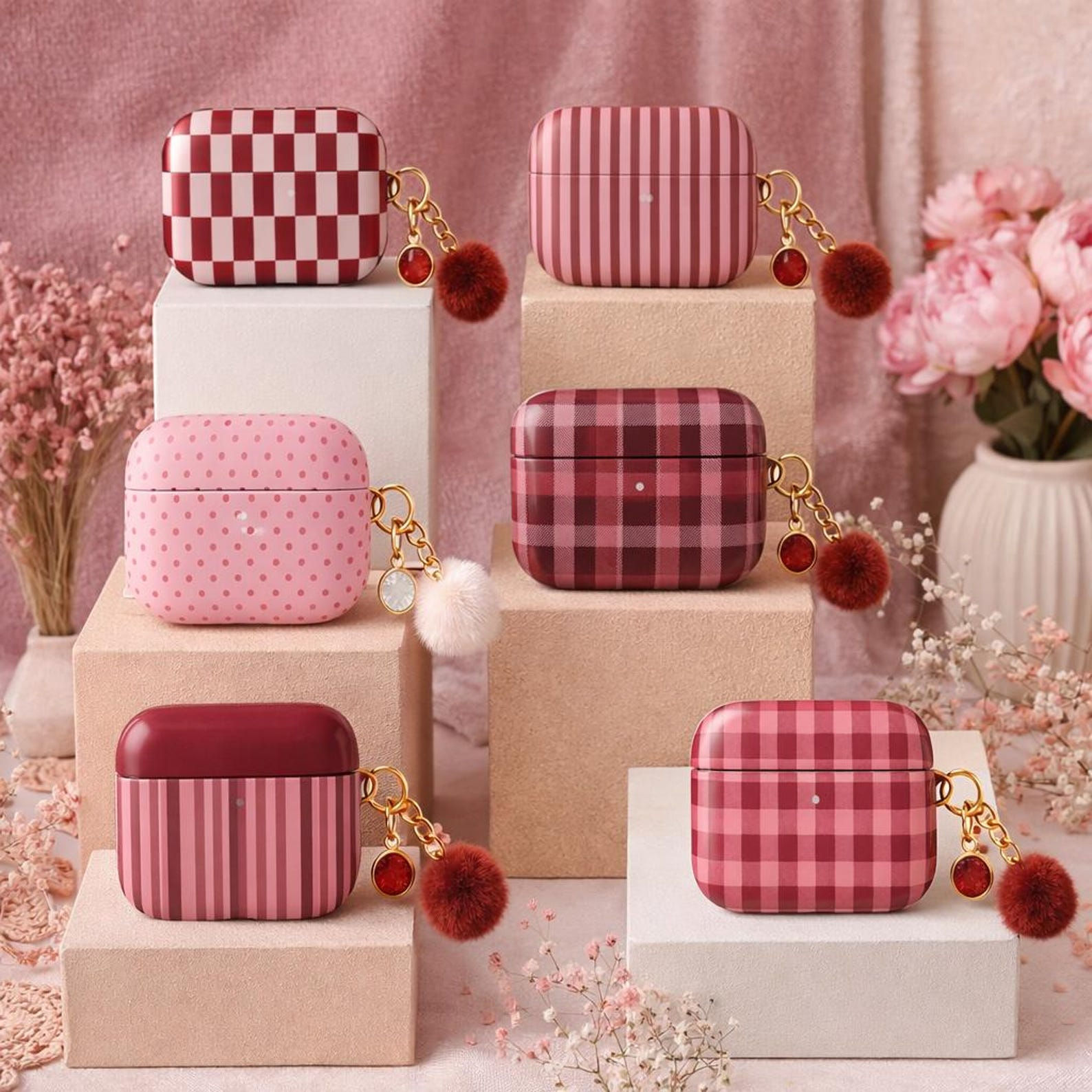 Personalized Pink & Burgundy Plaid/Gingham/Stripe/Polka Dot Pattern Airpods Case