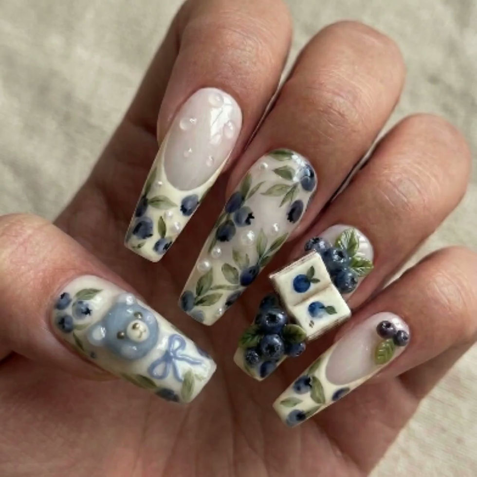 Thumbnail: BLUEBERRY BOOKWORM | 3D Hand-Painted Press On Nails | Kawaii Bear & Orchard Bota