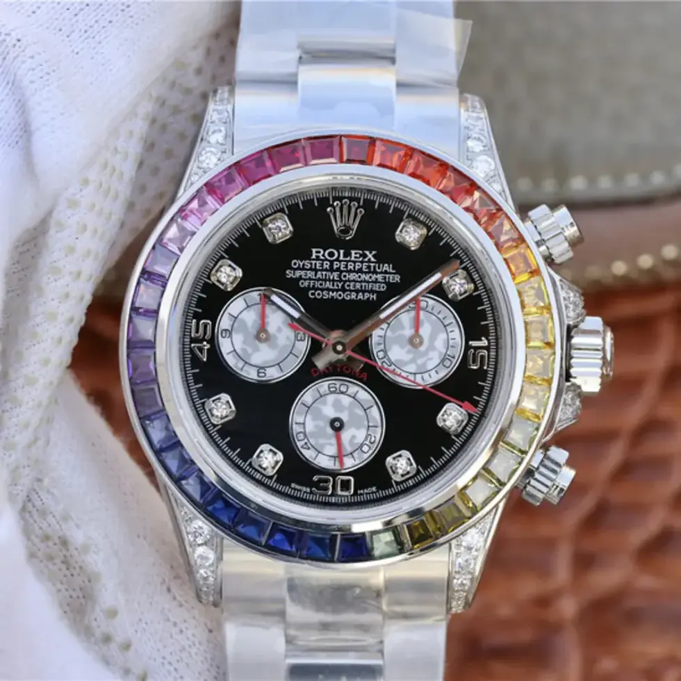 Thumbnail: Rolex Cosmograph Daytona Rainbow White Gold Black Dial with Diamond Bezel
