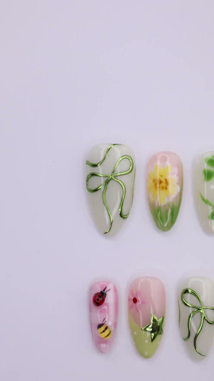 Thumbnail: Green Garden Press On Nails with Clover, Bee, Ladybug & Floral Art