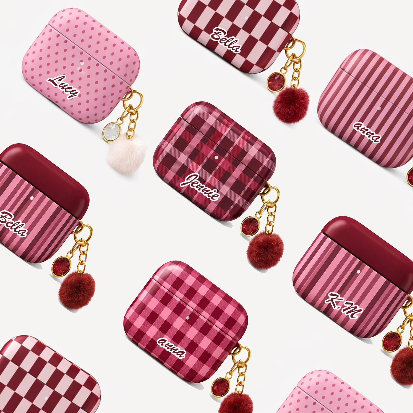 Personalized Pink Burgundy Plaid/Gingham/Stripe/Polka Dot Pattern Airpods Cases,