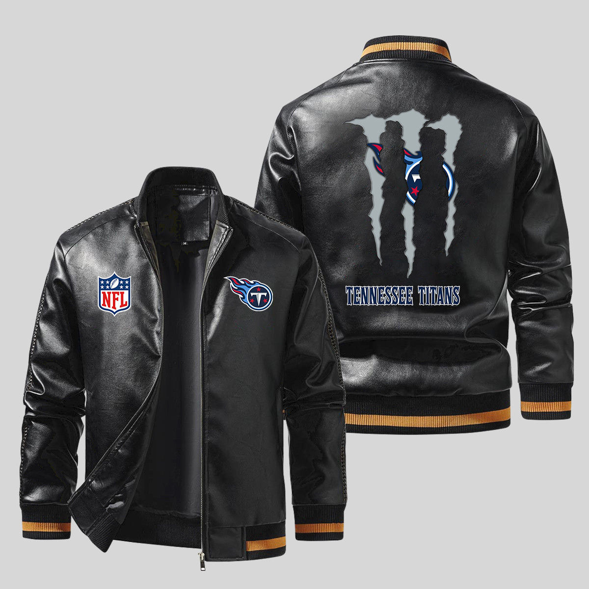 Tennessee Titans NFL Team Logo Monster Scratch Pattern Black 2D Leather Bomber J