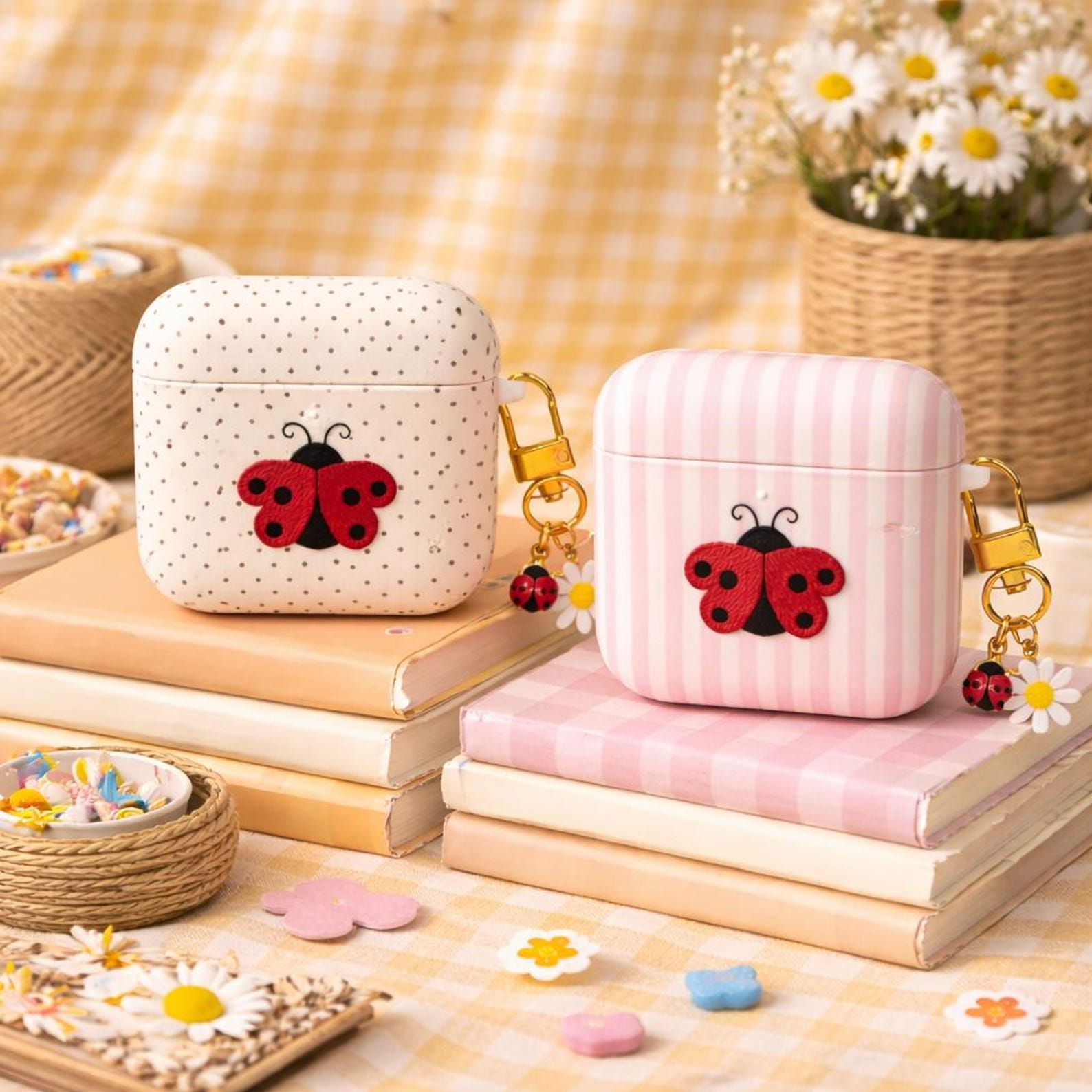 Ladybug Embroidered AirPods Case, Cute Gingham Polka Dot Stripe Plaid Pattern Co