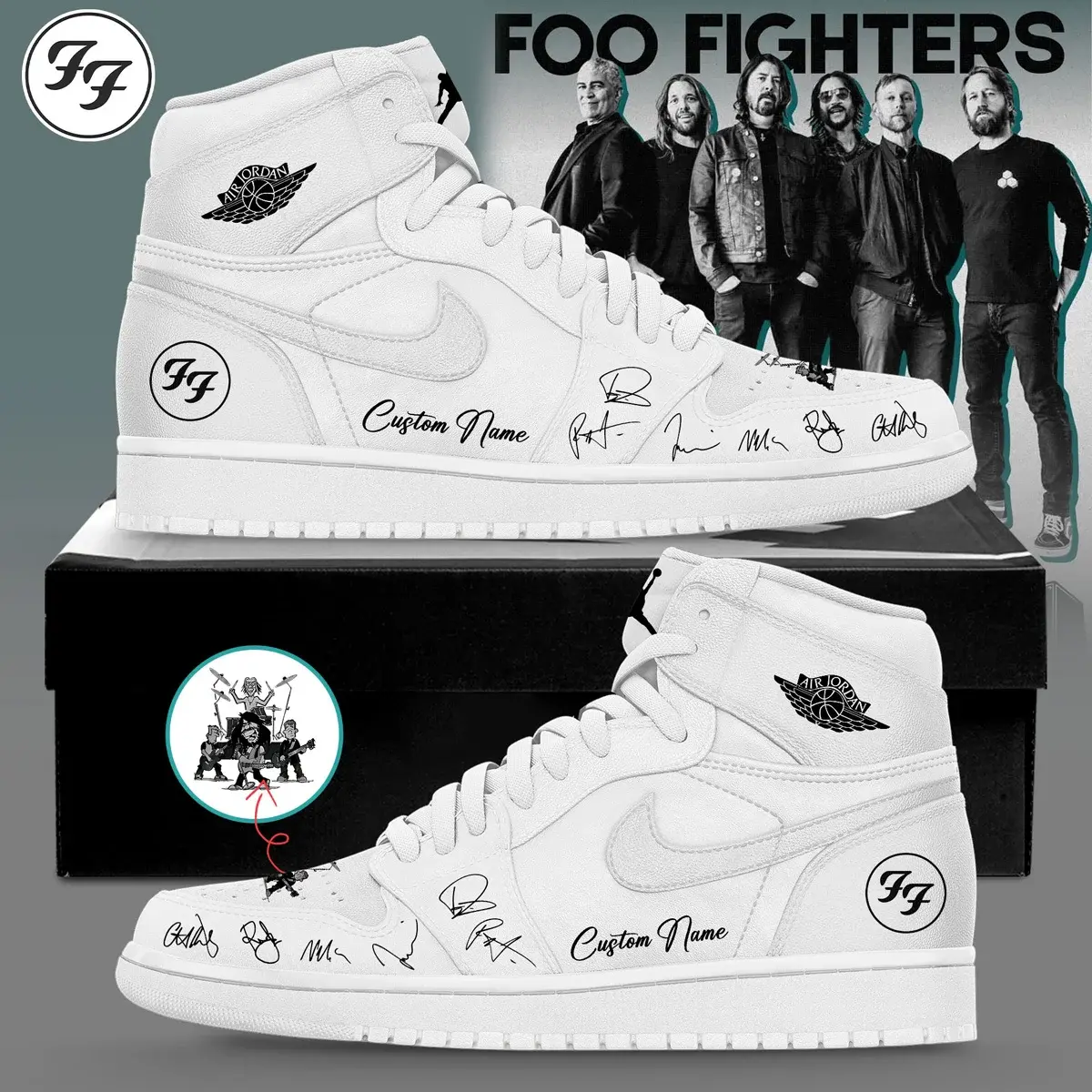 Foo Fighters Take Cover Tour Custom Name White Custom Air Jordan 1 High Sneakers