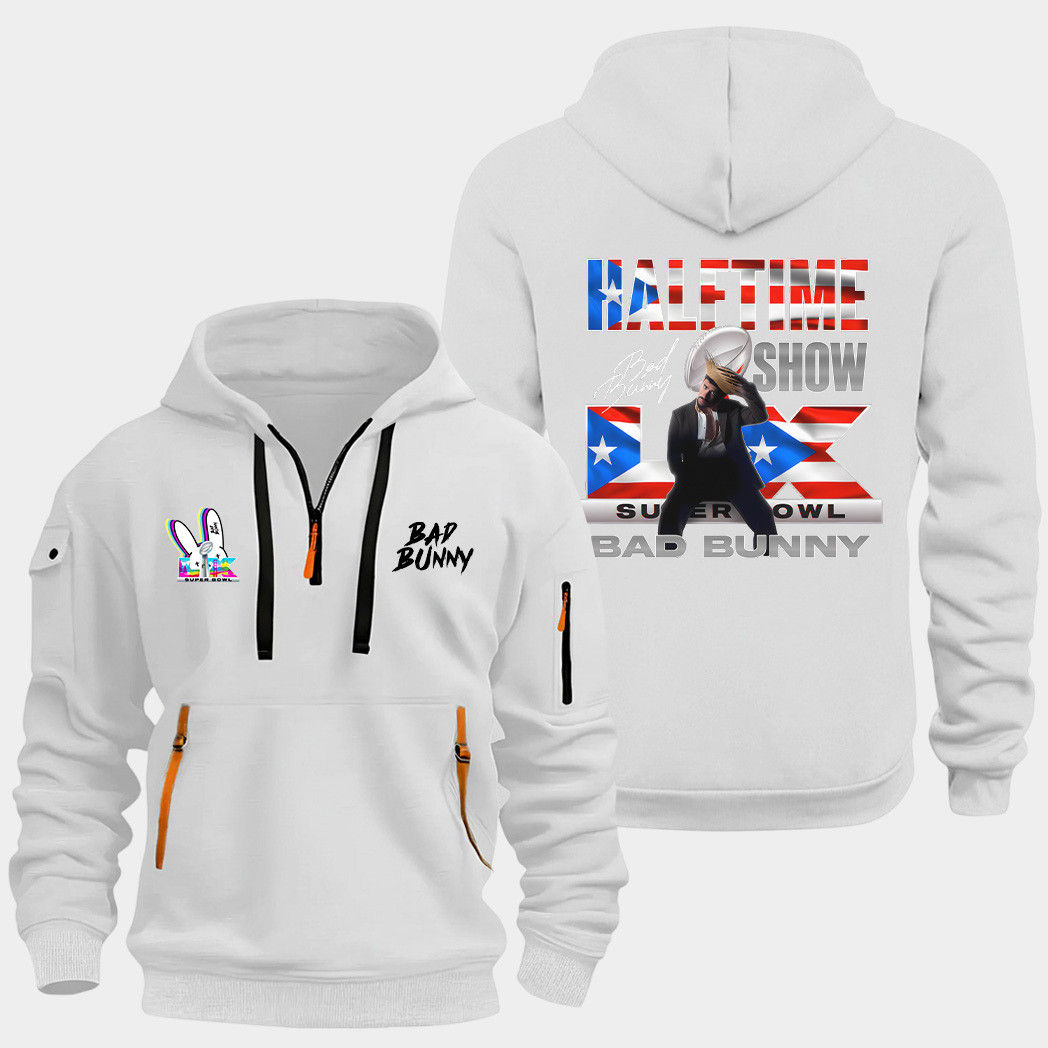 New England Patriots Bad Bunny White Quarter Zip Hoodie