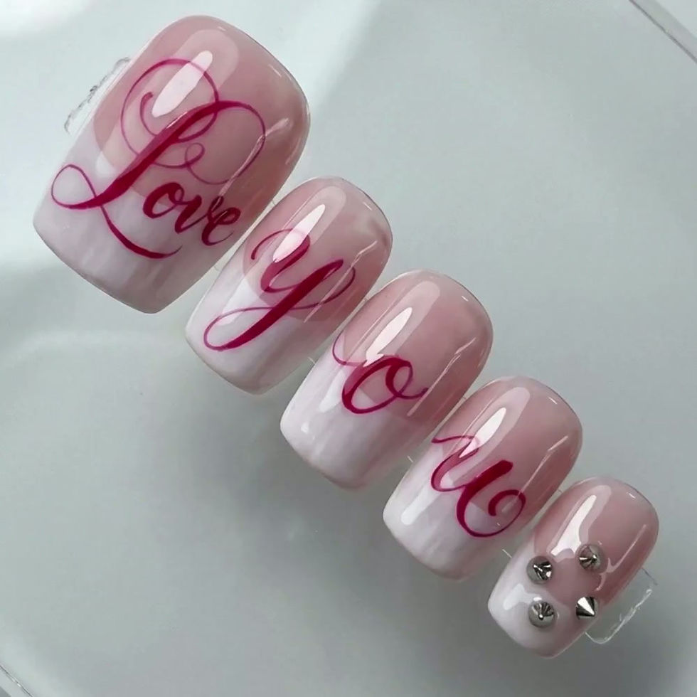 Thumbnail: Pink French Tip Toe Nails with Silver Studs, "Always Love You" Calligraphy Fake