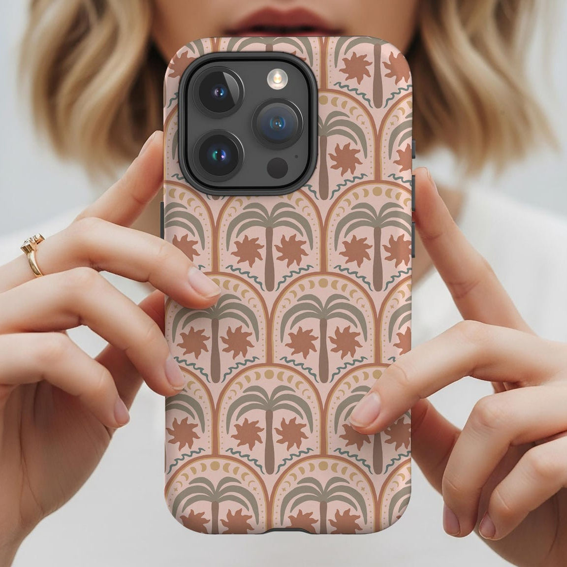 Boho Palm Tree Pattern iPhone Case, Coastal iPhone Case, Earthy Aesthetic Tough