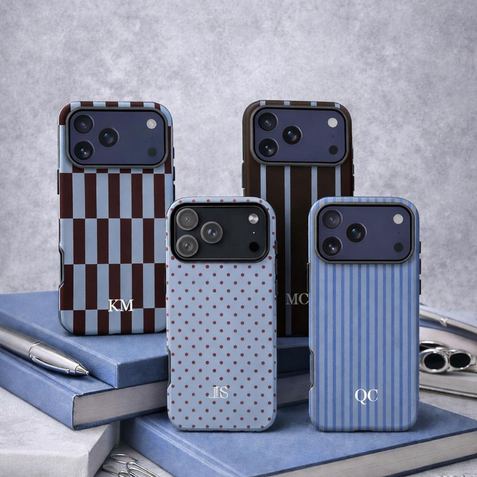 Personalized Preppy Phone Case Set, Custom Initials Burgundy and Blue Stripe Che
