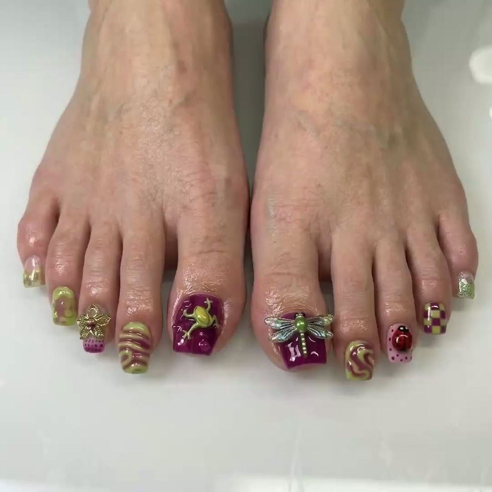 Thumbnail: 3D Frog Dragonfly Ladybug Press On Toes, Mismatched Indie Pedi, Purple Lime Gree