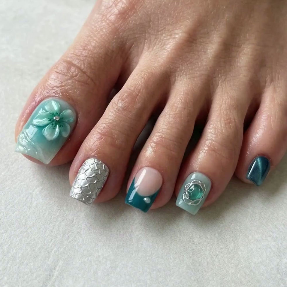 Thumbnail: Ocean Mermaid Press On Toes | 3D Wave & Sea Flower Pedicure