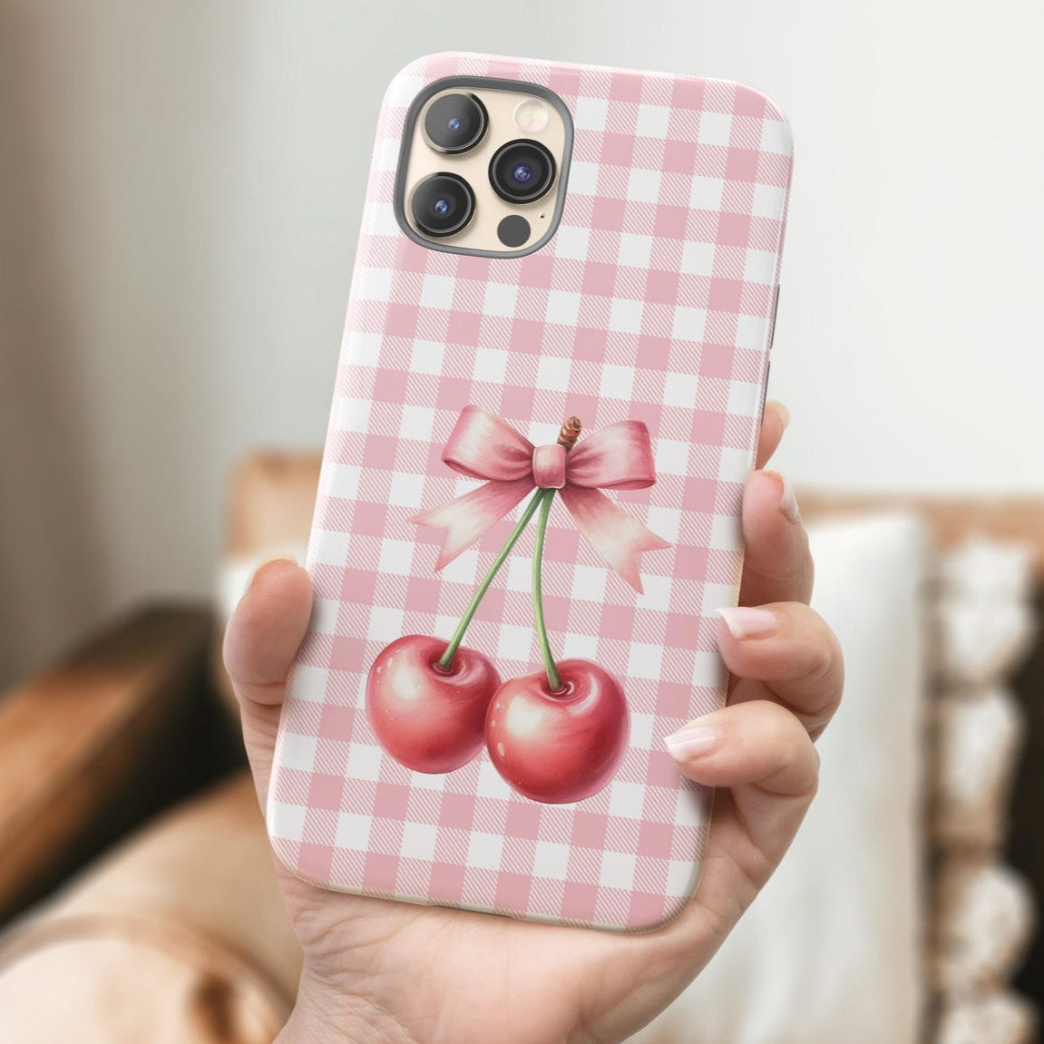 Coquette Cherry Phone Case Pink Gingham Phone Case iPhone 15 Pro Case Plaid Pink