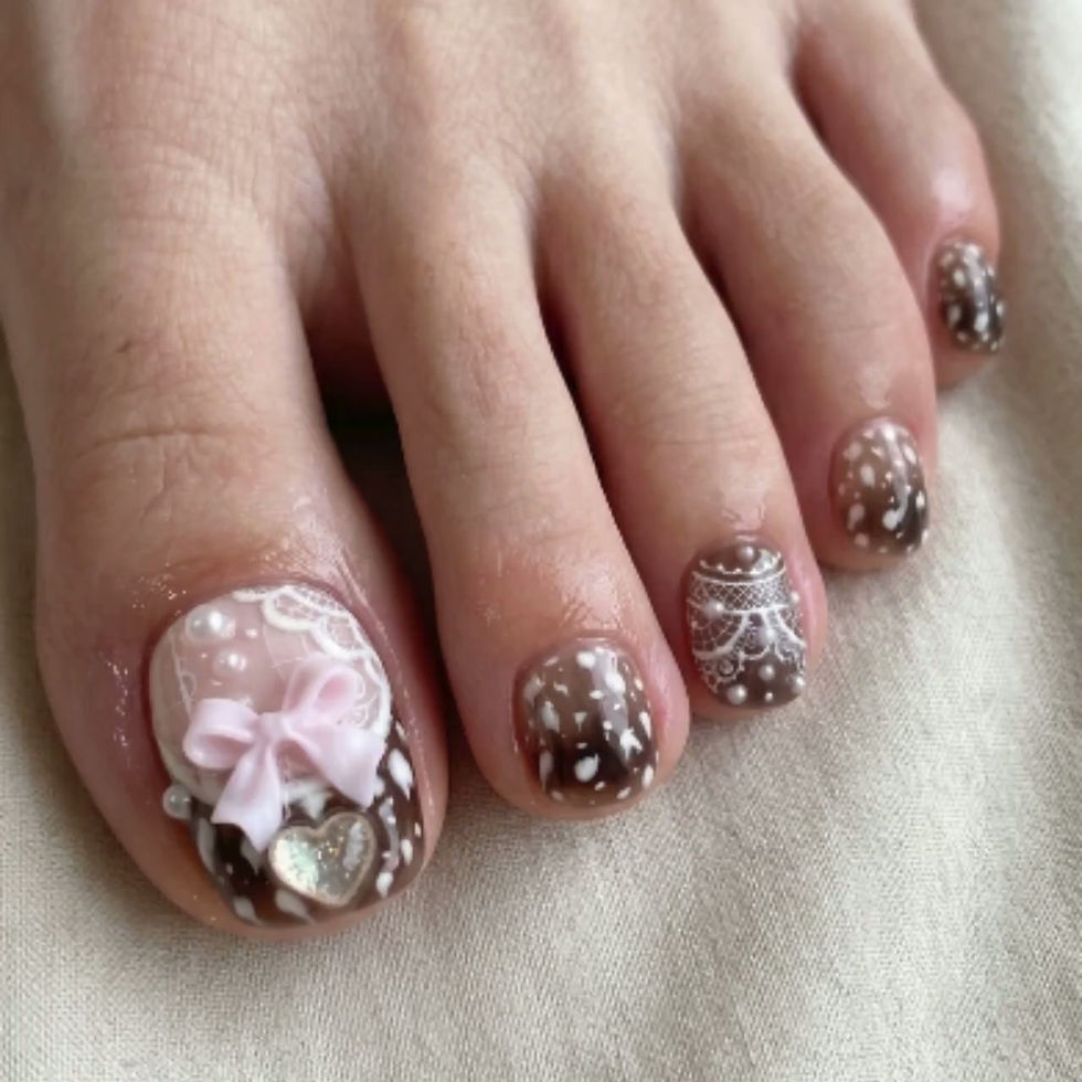 Thumbnail: Luxury 3D Mocha Coquette Press On Toes | Chocolate Marble & White Lace Pedicure