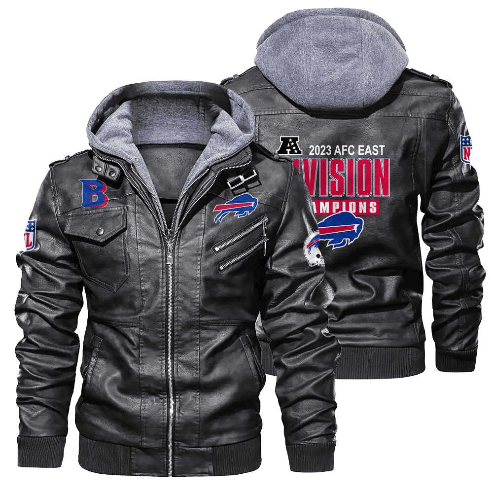 Buffalo Bills NFL 2023 AFC East Champions Zip Black Leather Jacket With Hood