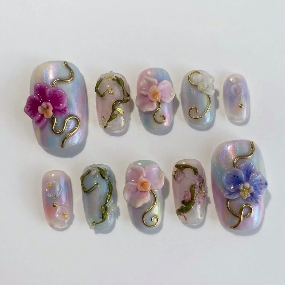Thumbnail: 3D Orchid Press On Toes, Iridescent Aurora Floral Nail Art, Fairycore Bridal Ped