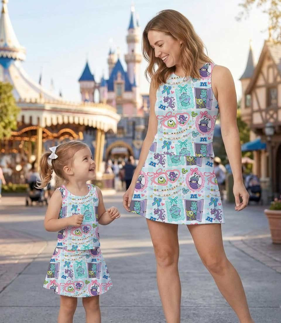 Thumbnail: Women’s Monsters Inc Watercolor Mike Sulley Boo Athletic and Bow, Skort Outfit