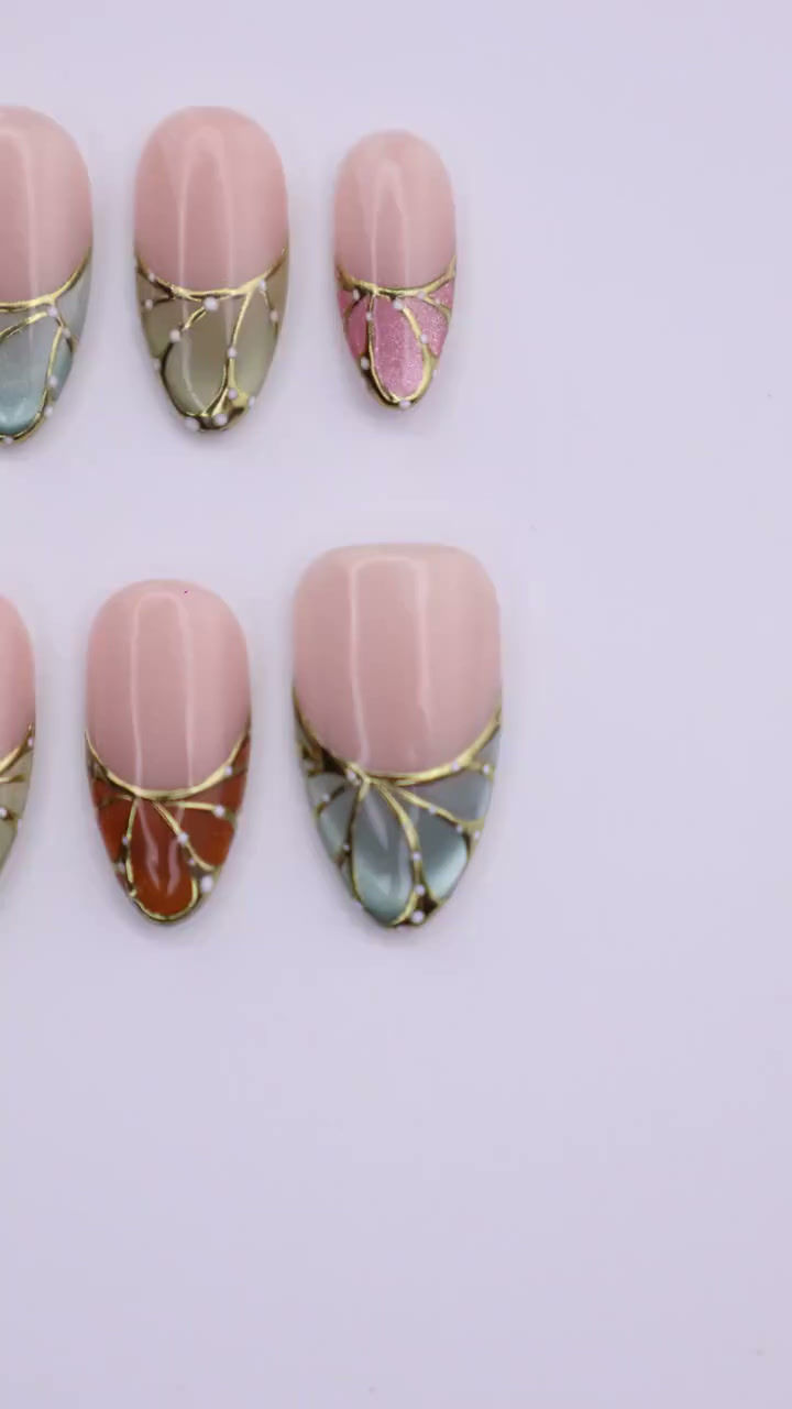 Thumbnail: Butterfly Wing Cat Eye Press On Nails | Multi Color French Tips with Gold Lines