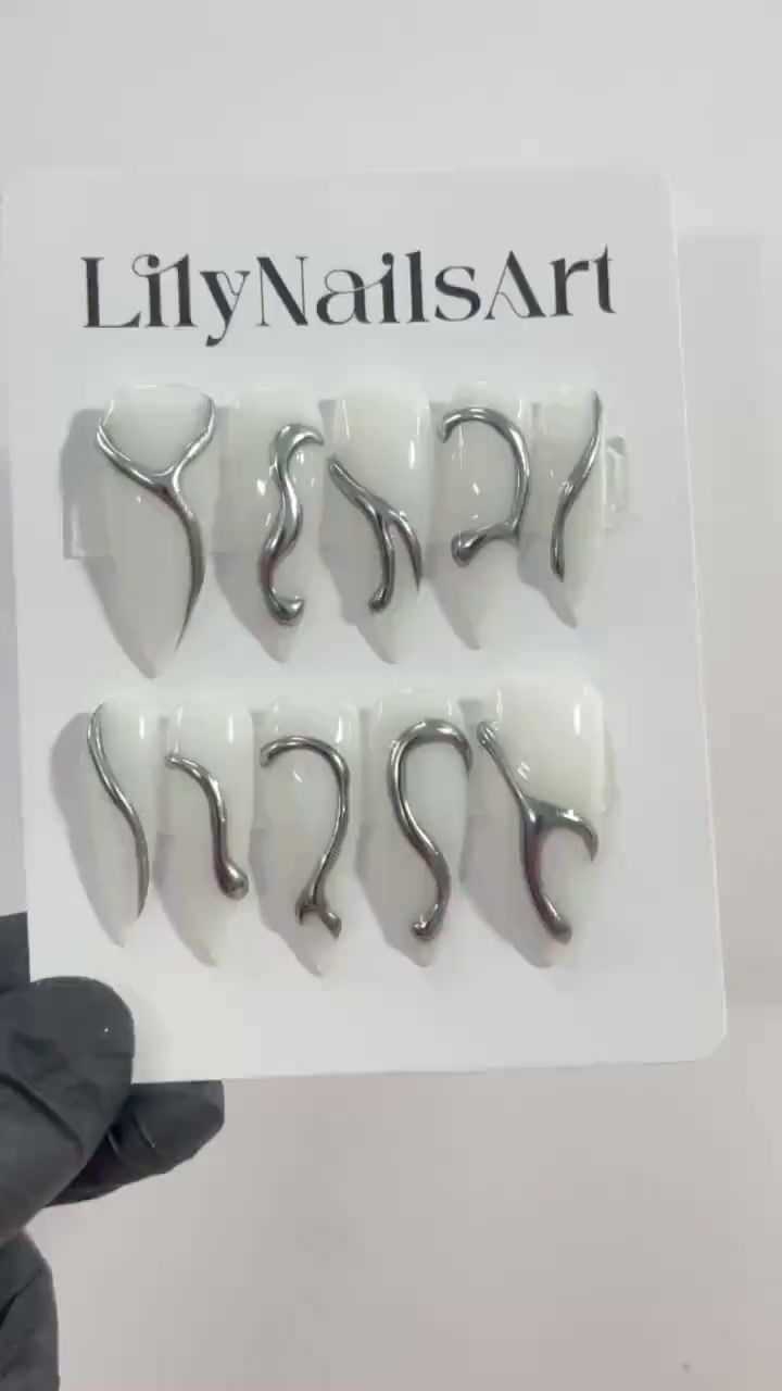 Thumbnail: 3D Gel Metallic Silver On Milky White Stiletto Press on Nail Goth, Custom Luxury