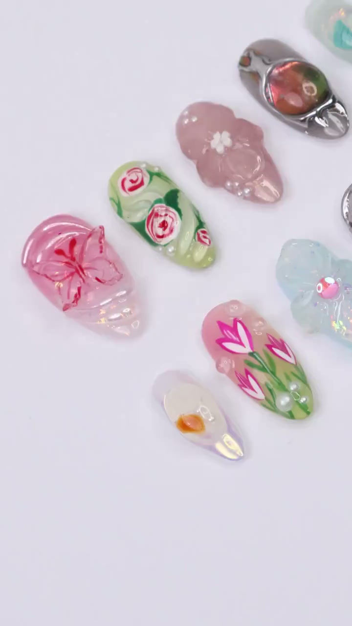 Thumbnail: Springtime - 3D Flowers Medium Almond Press on nails, Handmade Floral False Nail