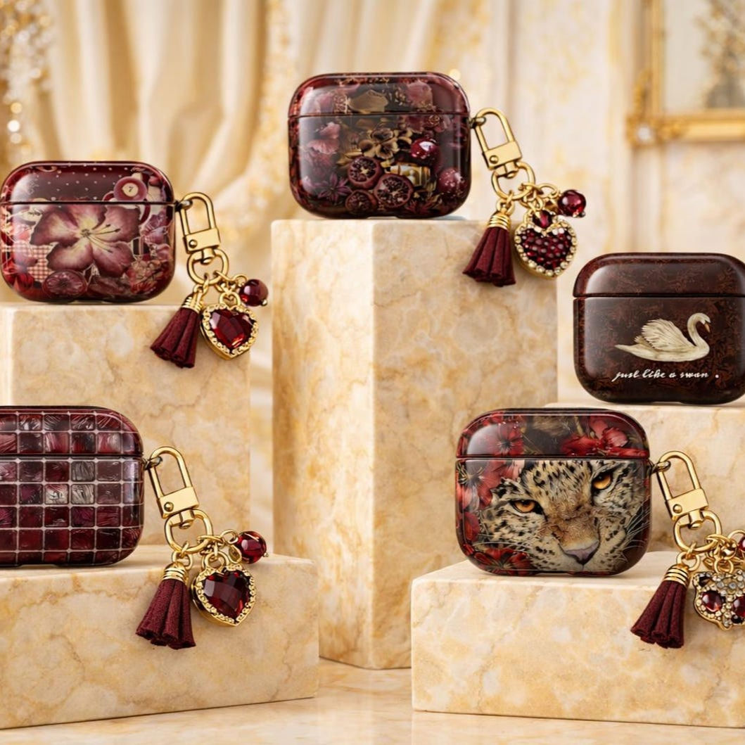 Dark Red Gothic Floral Airpod Case, Vintage Rose Pomegranate Leopard Swan Aesthe