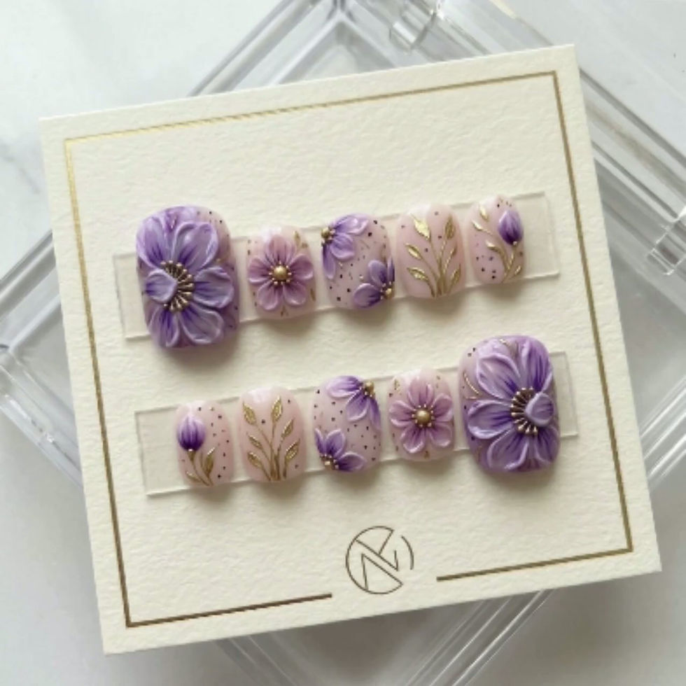 Thumbnail: 3D Purple Floral Press On Toes | Hand-Sculpted Lavender Gold Leaf Botanical Pedi