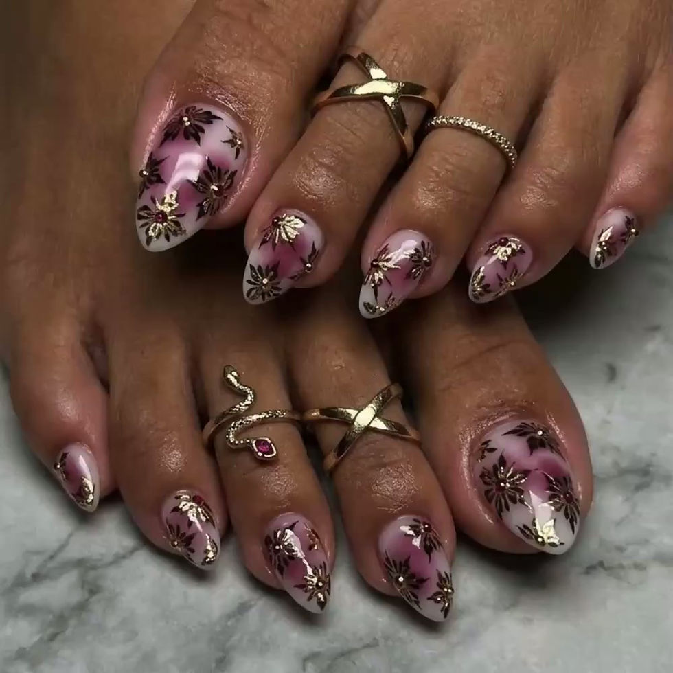 Thumbnail: Almond Aura Press On Toes, Plum Pink Gradient, Metallic Gold Flowers