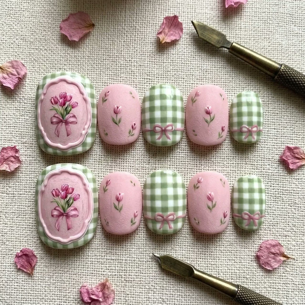 Thumbnail: TULIP ROMANCE | 3D Hand-Painted Press On Toes | Sage Green Gingham & Pink Bow Co
