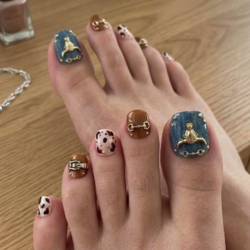 Thumbnail: Dust Western 3D Longhorn Press On Toes | Coastal Cowgirl Denim & Cow Print Pedic