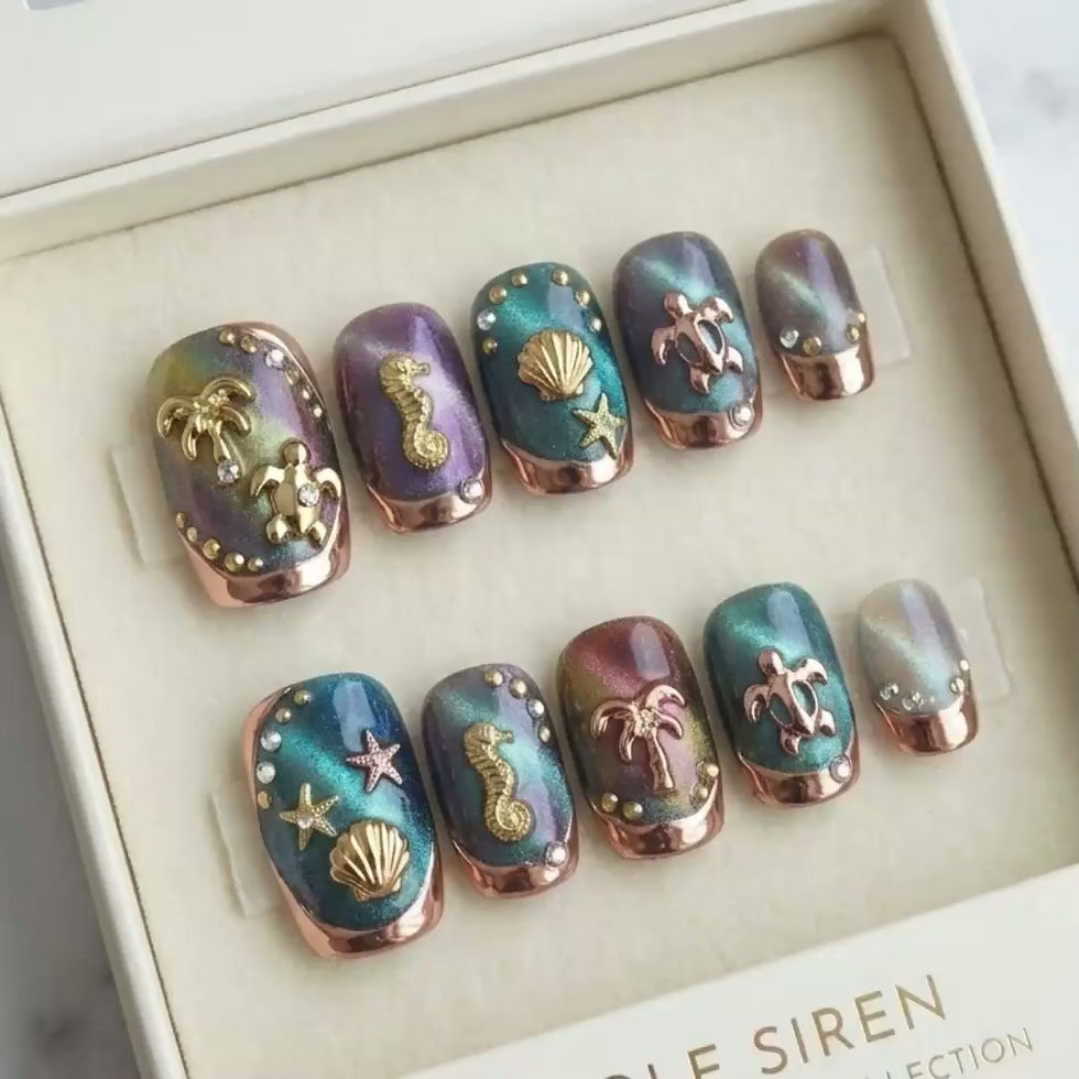 Thumbnail: Sole Siren Luxury Press On Toes, Cat Eye Mermaid Nails, Gold Sea Charm Pedicure